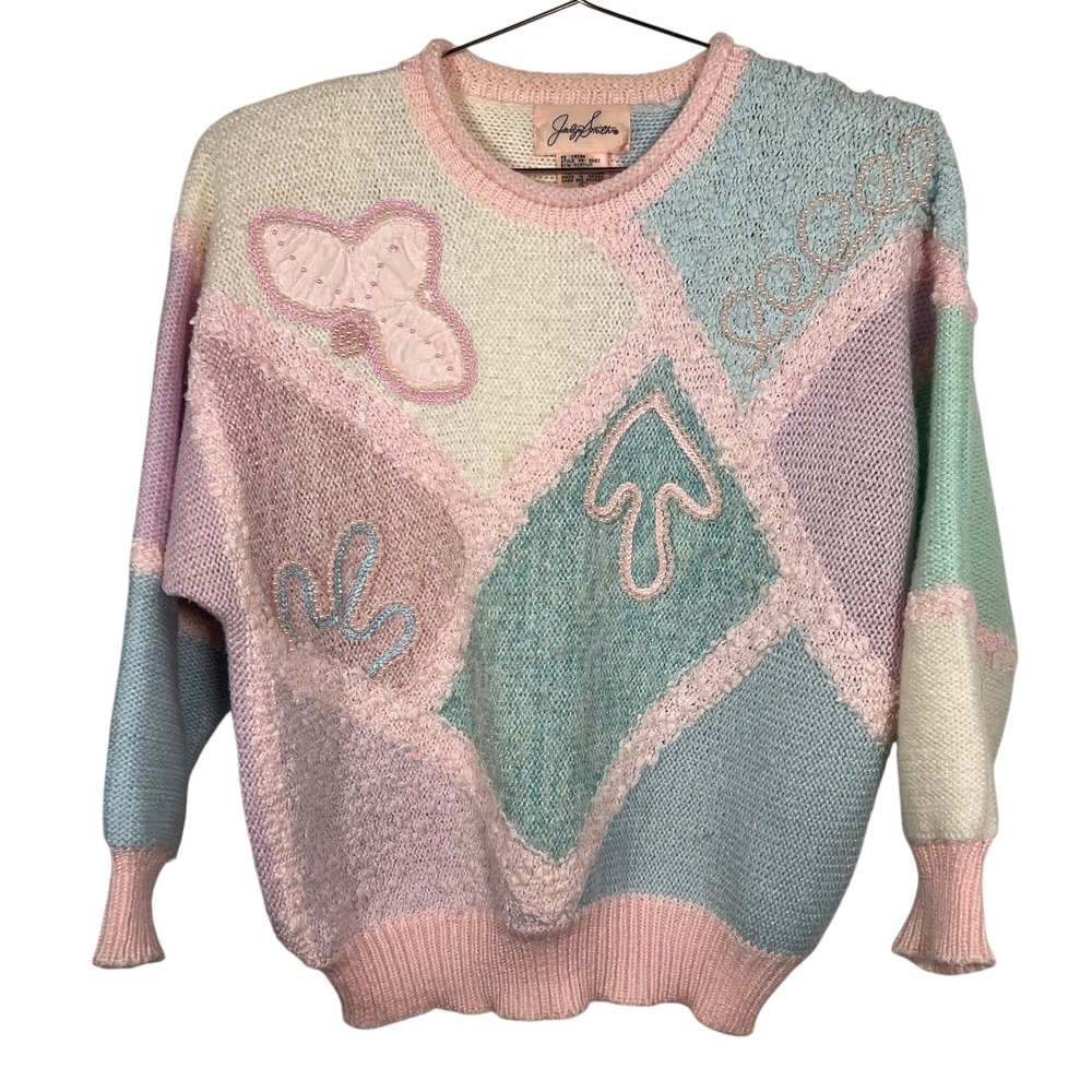Vintage 80s Jaclyn Smith Pastel Light Pink Colorblock Beaded Sweater  Large‎